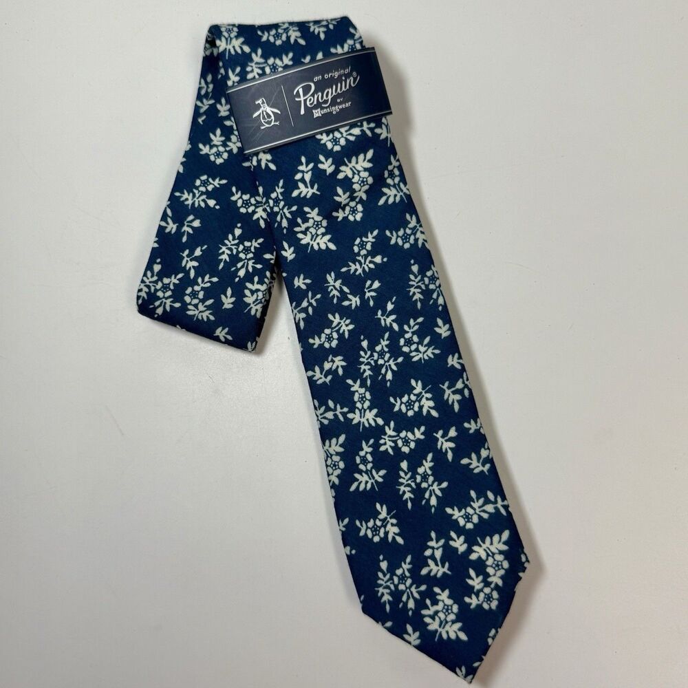 Original Penguin Polyester Cotton Blend Blue White Floral Skinny Neck Tie New
